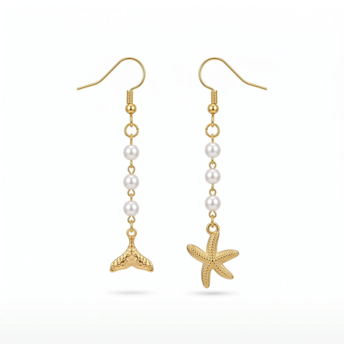 QIAOREN 10831 Waterproof Stainless Steel Ocean Theme Earrings Gold Plated Pearl Beach Jewelry