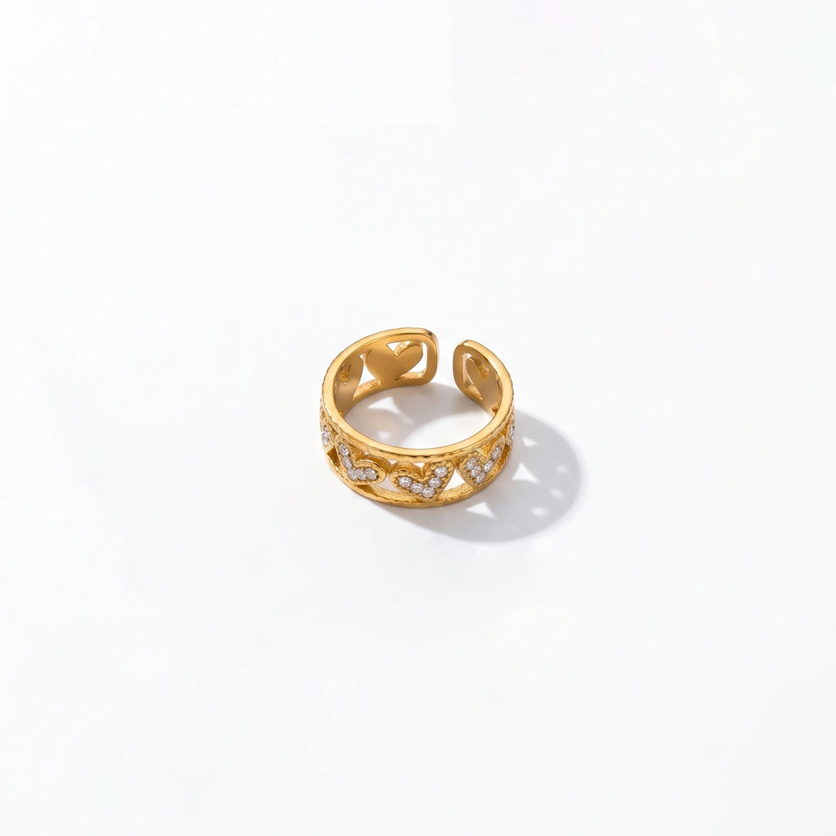 QIAOREN 10713 Stainless Steel Gold Adjustable Open Rings Multi Hollow Heart Zircon Stack Finger Jewelry For Women