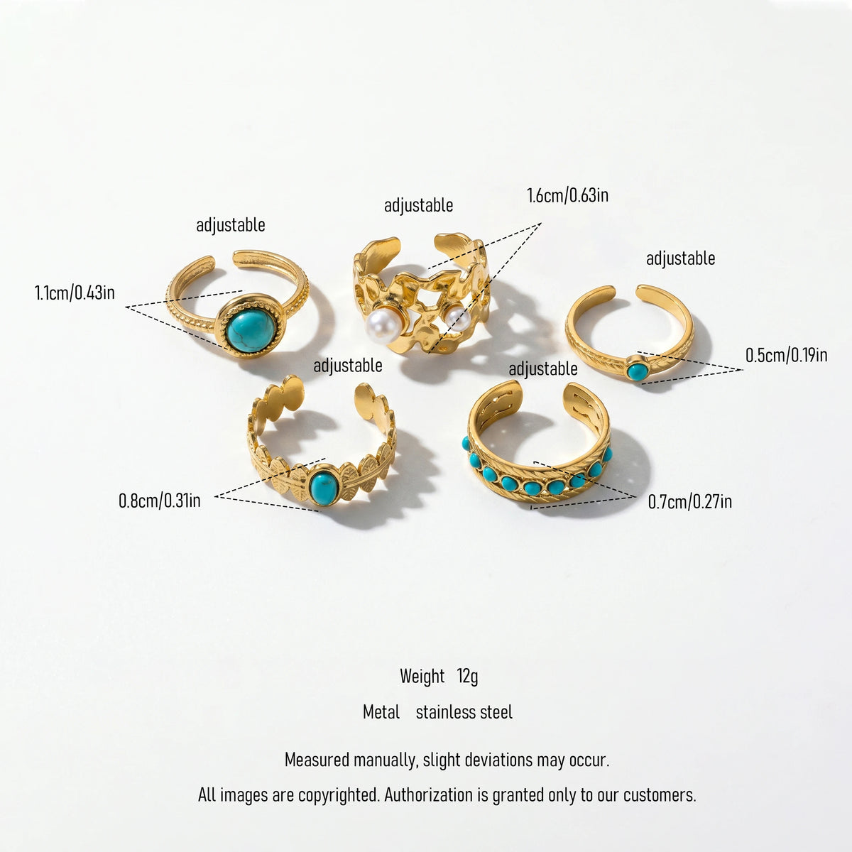QIAOREN 5Pcs Gold Stainless Steel Turquoise Open Ring Set Irregular Hammered Crown Adjustable Boho Stackable Rings