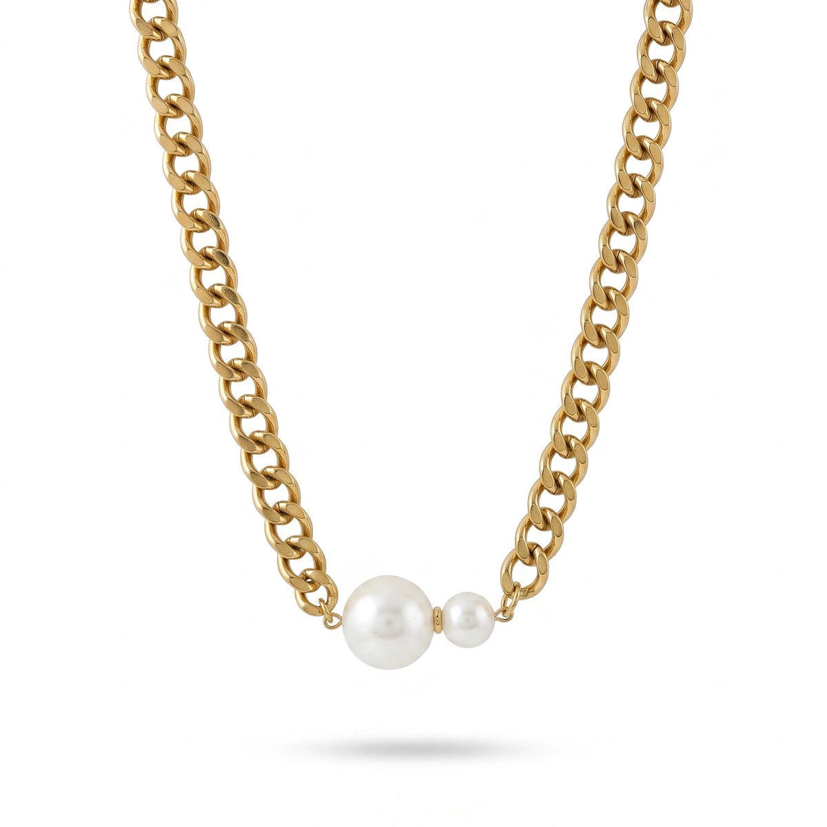 QIAOREN 13996 Thick Curb Link Chain Necklace with Alternating Large and Small Round White Pearl Charms