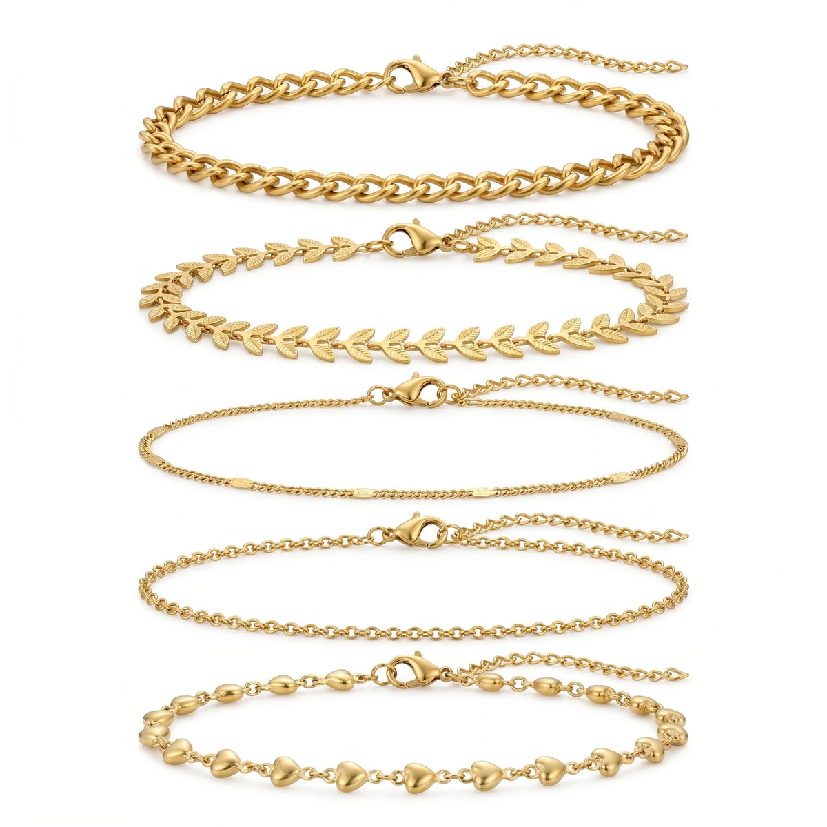 QIAOREN 11538 Boho 5 Layer Stackable Anklet Set 18K Gold Plated Stainless Steel Beach Foot Jewelry