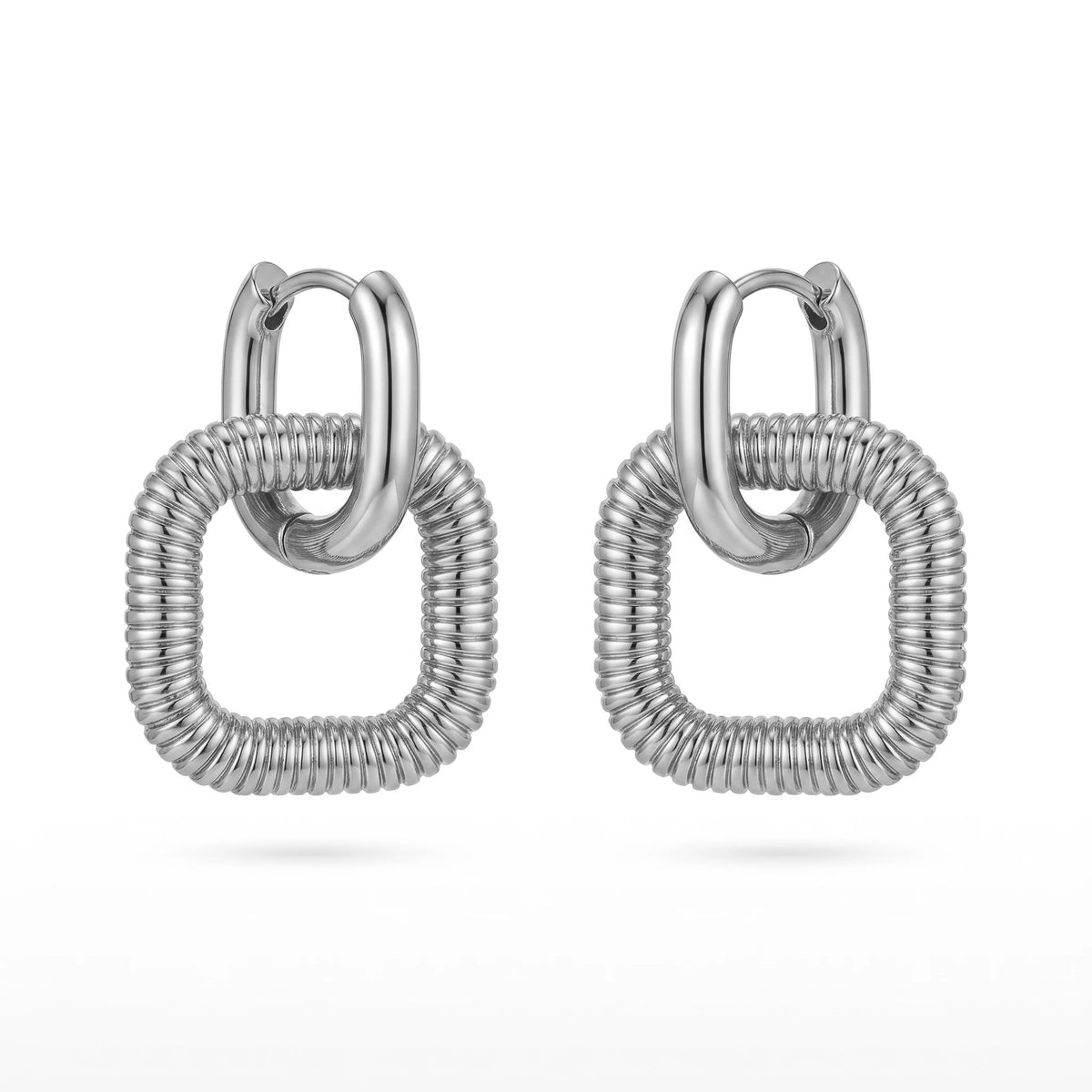 QIAOREN 12758 Waterproof Bi-Color Coiled Square Dangle Earrings Stainless Steel Gold Hoop Silver Textured Drop Ear Accessory