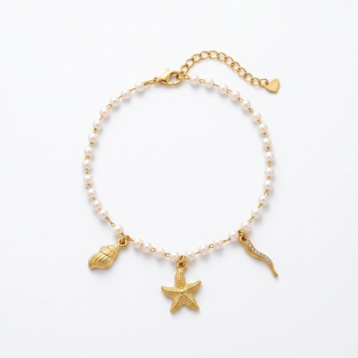 QIAOREN 13319 Ocean Style Pearl Anklet with Starfish, Conch & Rhinestone Tentacle Charms, Beach Vacation Foot Jewelry Gift