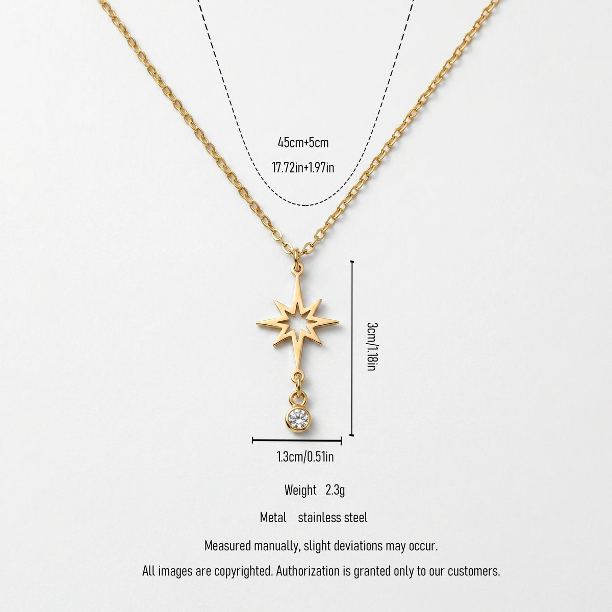 QIAOREN 11979 Wholesale 18K Gold Plated Stainless Steel North Star Pendant Necklace Hollow 8 Point Star with Dangle CZ Stone