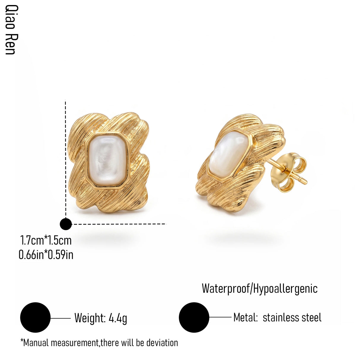 QIAOREN 14091-93 Stainless Steel Textured Stud Earrings Vintage Gold Red Enamel Waterproof Hypoallergenic Jewelry OEM ODM
