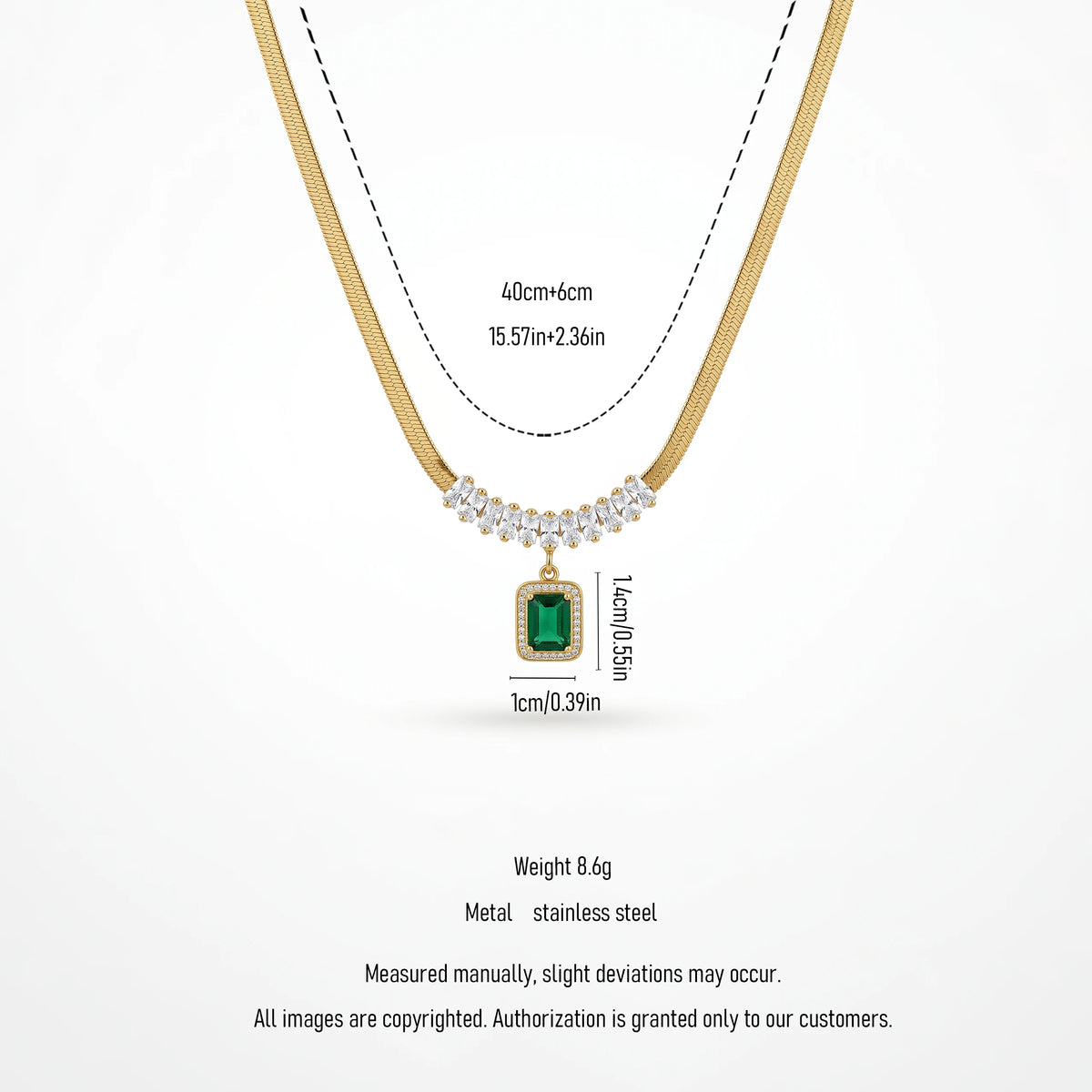 QIAOREN 13471 Luxury Flat Snake Chain Necklace with Marquise Crystal Accents & Halo Rectangle Emerald Pendant Necklace