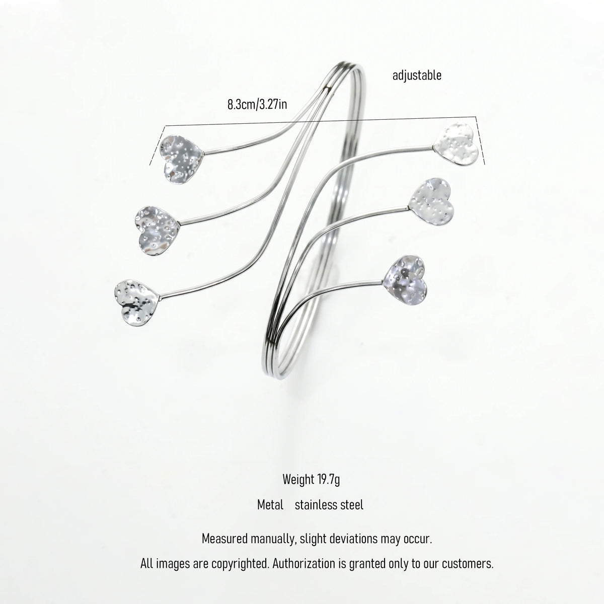 QIAOREN 12807 Trend Romantic Multi Heart Open Cuff Bangle Stainless Steel Silver Adjustable Daily Jewelry