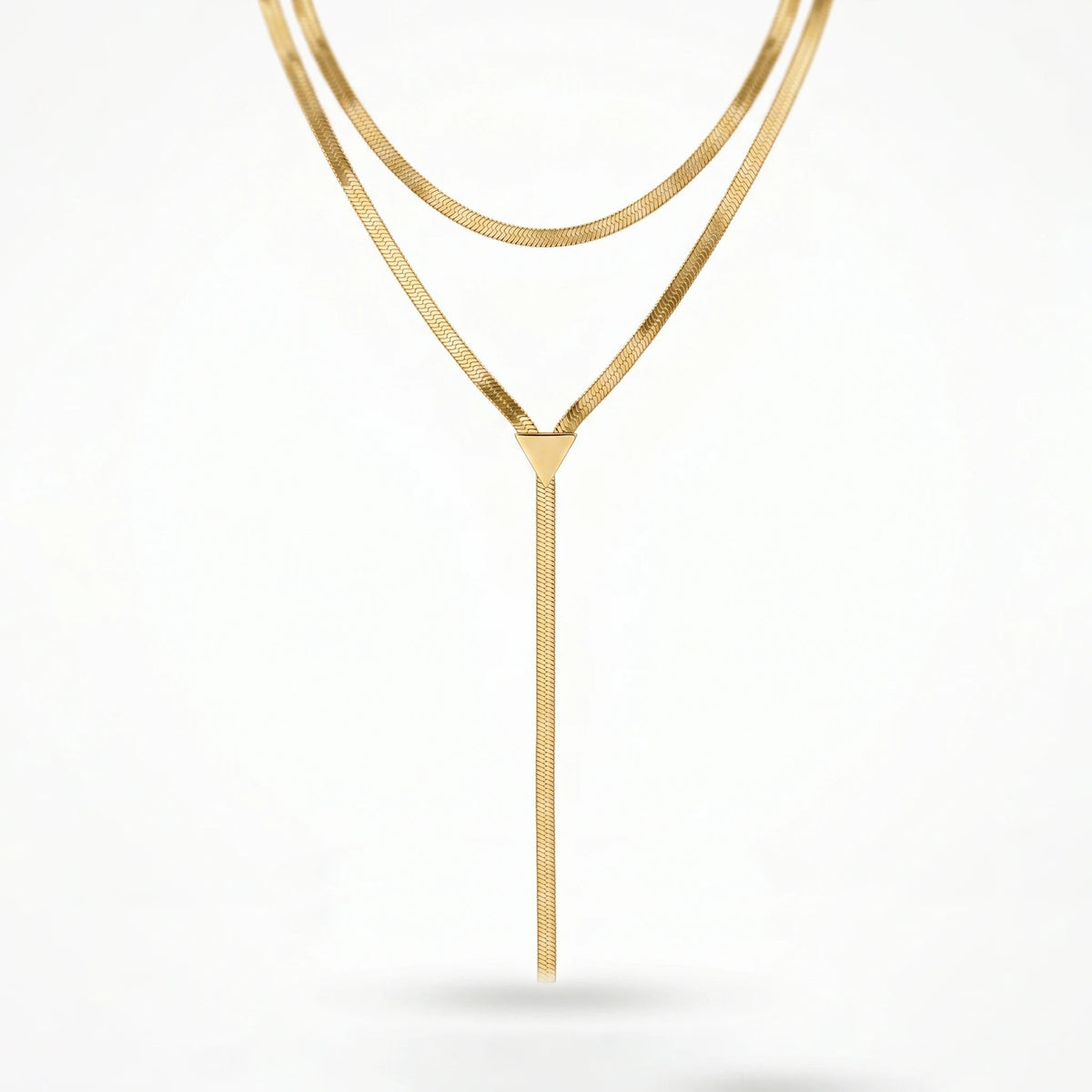QIAOREN 12872 18K Gold Plated Layered Herringbone Y Necklace, Waterproof Tarnish Free Stainless Steel Snake Chain Lariat Jewelry