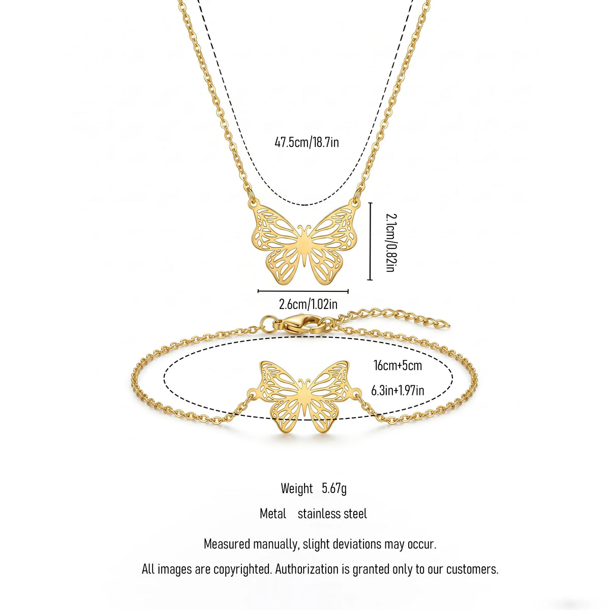 QIAOREN 12234 Trendy 2Pcs Hollow Butterfly Necklace Bracelet Set Gold Stainless Steel Filigree Aesthetic Jewelry for Women US EU