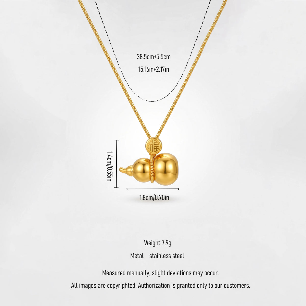QIAOREN 13716 Snake Chain Pendant Necklace with Solid Gourd Charm Engraved Chinese Fu Character, Polished Gloss Gold