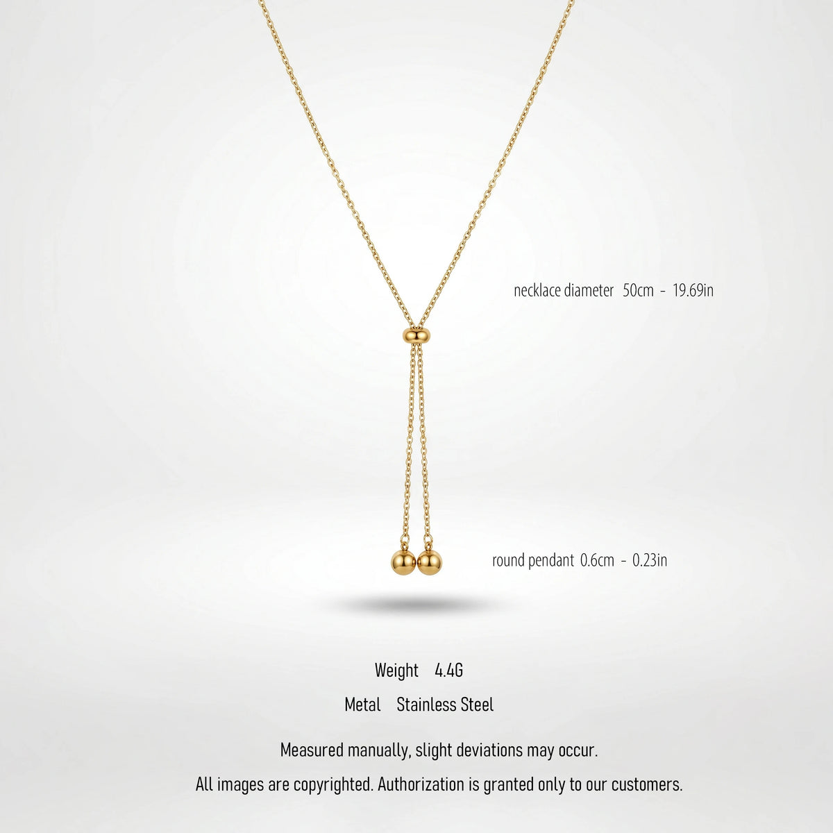 QIAOREN 10627 Trendy Adjustable Lariat Necklace Stainless Steel Gold Plated Geometric Ball Pendant for Women
