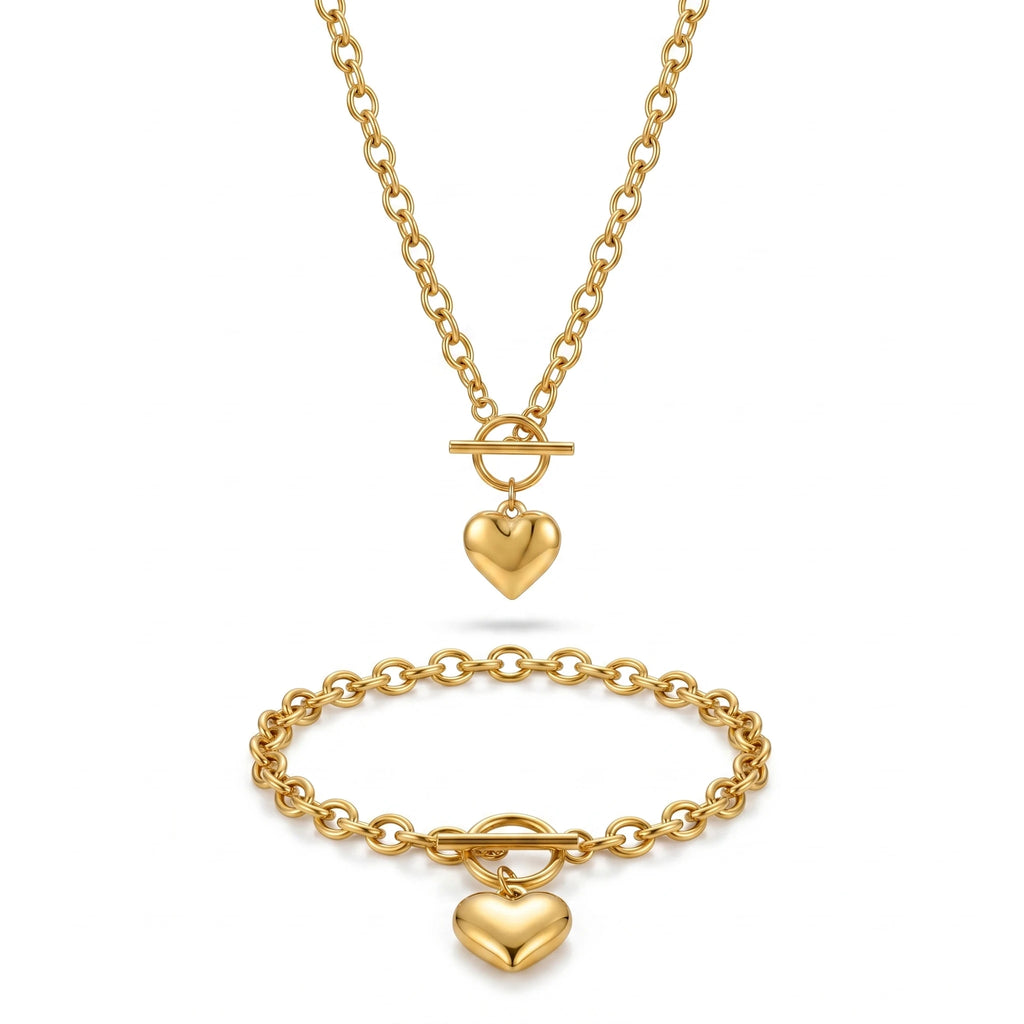 QIAOREN 10670 Trendy Heart Pendant Toggle Clasp Necklace Bracelet Set 18K Gold Stainless Steel Hypoallergenic Fashion Jewelry