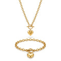 QIAOREN 10670 Trendy Heart Pendant Toggle Clasp Necklace Bracelet Set 18K Gold Stainless Steel Hypoallergenic Fashion Jewelry