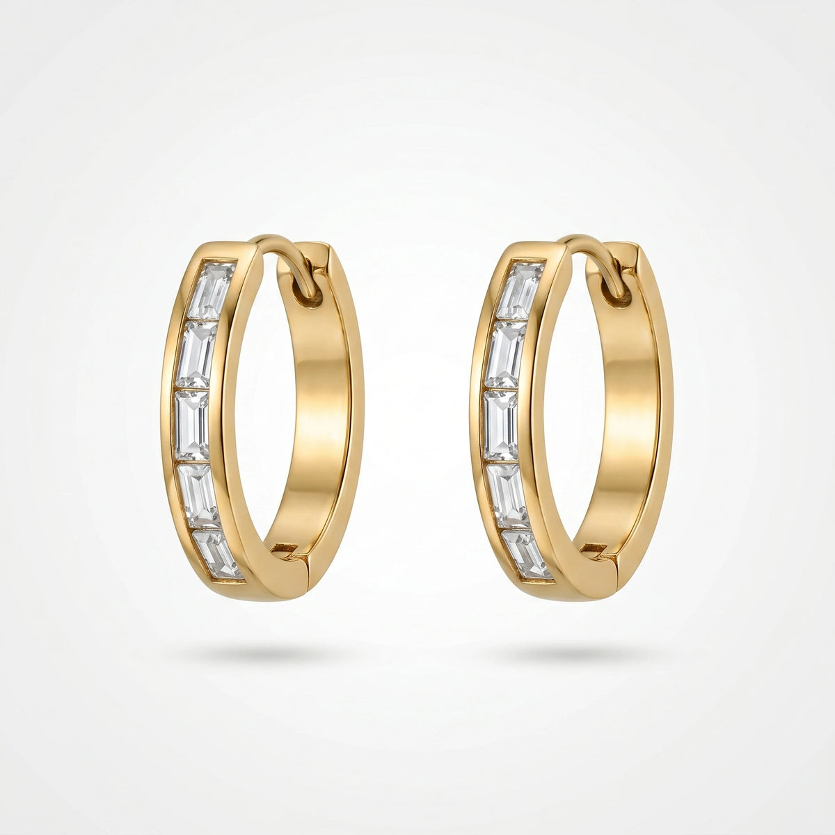 QIAOREN 12337 Baguette CZ Matte Gold Huggie Hoop Earrings Stainless Steel Brushed Satin Channel Set Quiet Luxury Women US EU