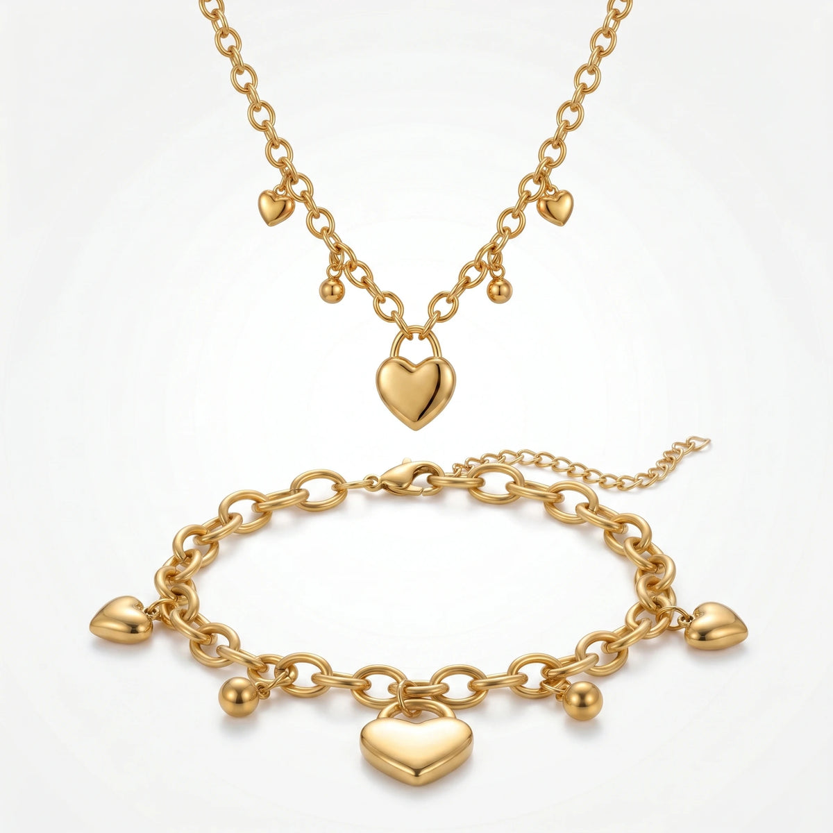 QIAOREN 12919 18K Gold Plated Puffy Heart Necklace, Waterproof Tarnish Free Stainless Steel Lariat Heart Jewelry for Women