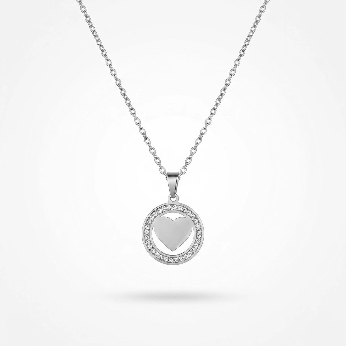 QIAOREN11860 Trendy Sparkling CZ Pave Heart Circle Necklace Stainless Steel Gold Plated Halo Love Pendant Jewelry for Women US