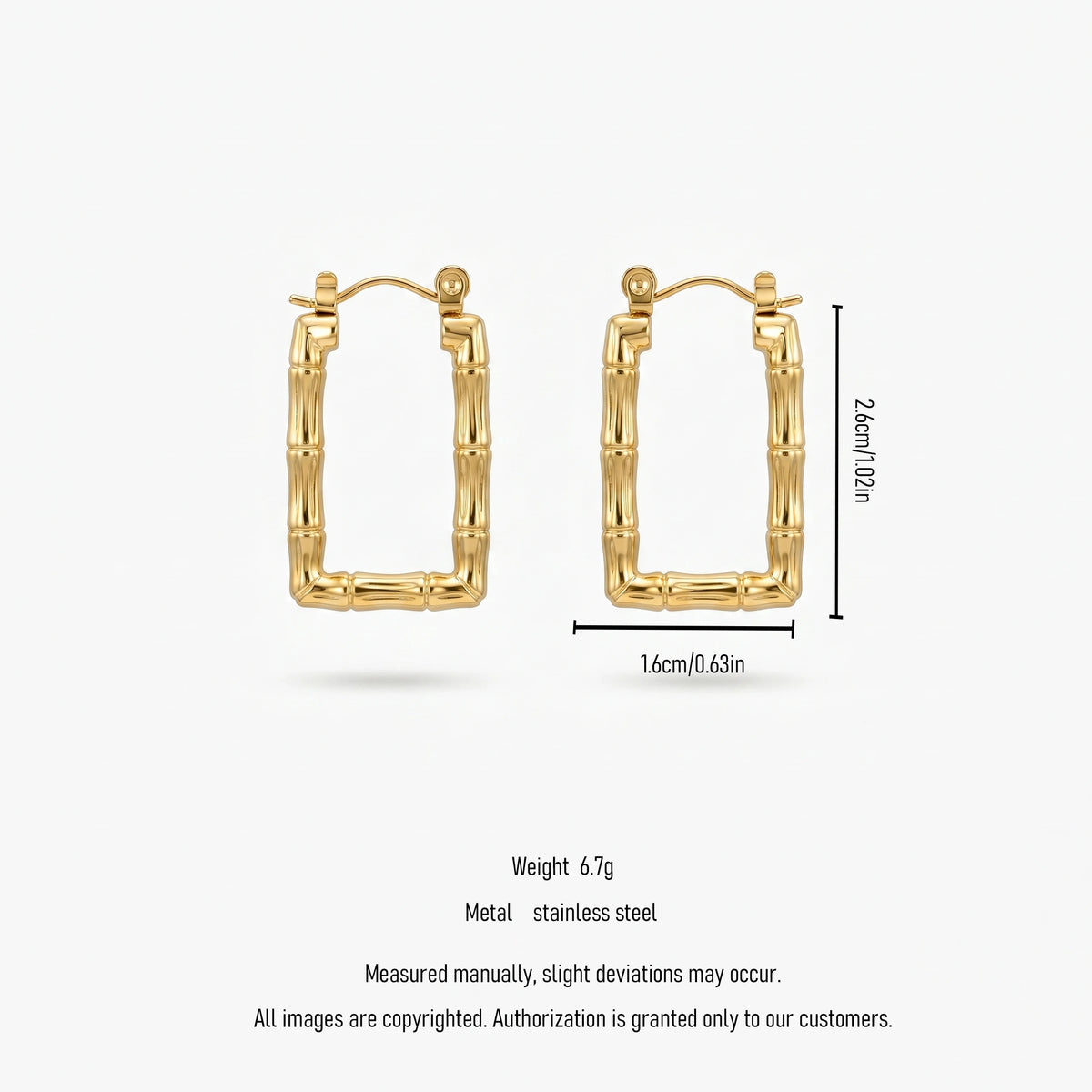 QIAOREN 12433 Elegant  Textured Rectangular Hoops Gold Stainless Steel Statement Jewelry Gift Women