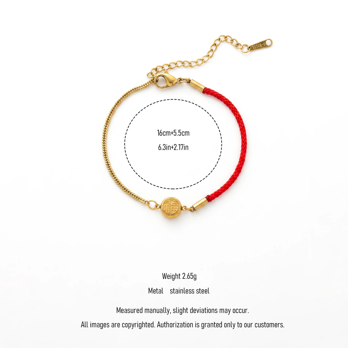 QIAOREN 13302 Lucky Red Cord Bracelet Stainless Steel Twist Chain Gold Fu Disc Adjustable Extender Chinese Style