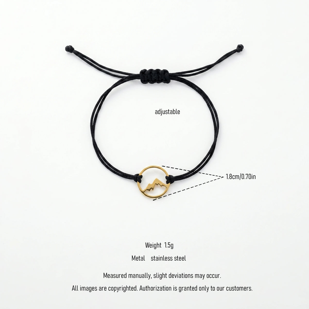 QIAOREN 12769 Stainless Steel Gold Mountain Circle Pearl Charm Women's Black Adjustable Rope Cord Minimal Outdoor Wrist Jewelry