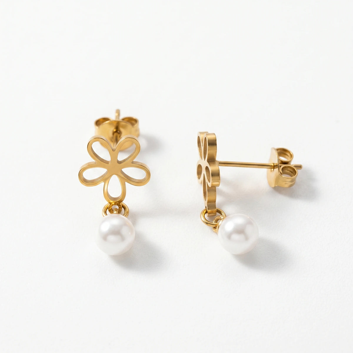 QIAOREN 10833 18K Gold Plated Stainless Steel Flower Stud Earrings with Pearl Drop for Women