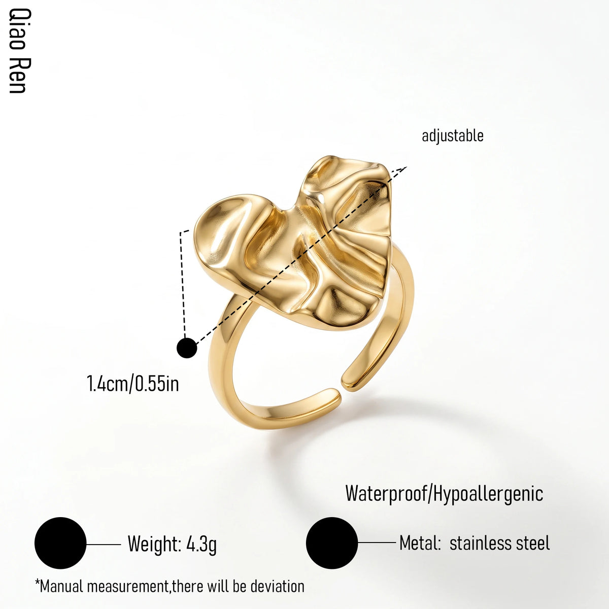 QIAOREN 14279-83 Vintage Hammered Heart Open Cuff Ring Set, Adjustable Stackable Stainless Steel Statement Rings