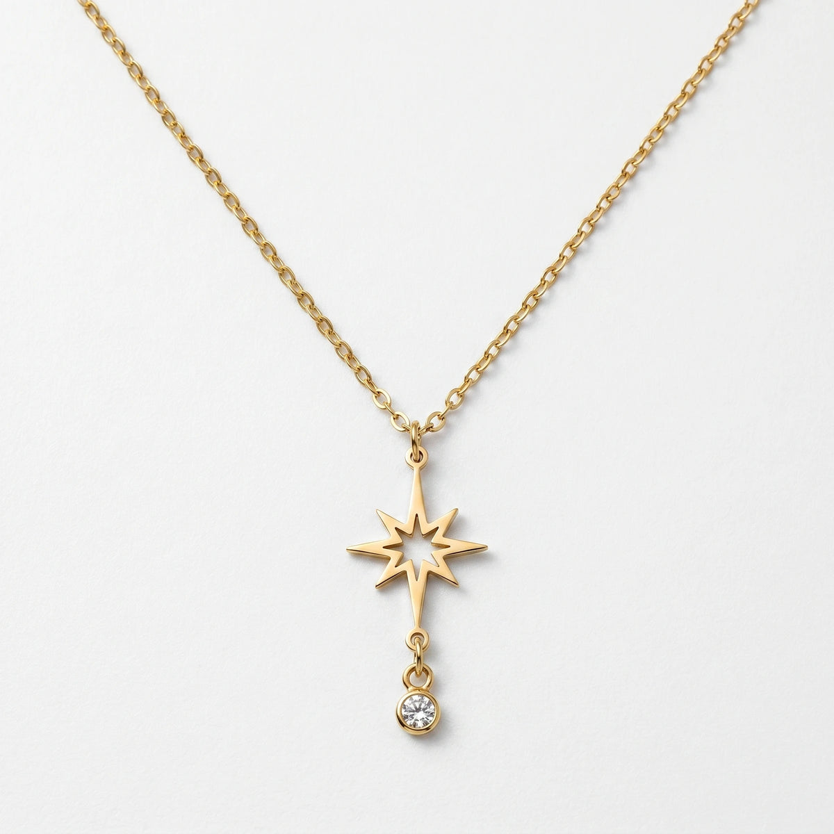 QIAOREN 11979 Wholesale 18K Gold Plated Stainless Steel North Star Pendant Necklace Hollow 8 Point Star with Dangle CZ Stone