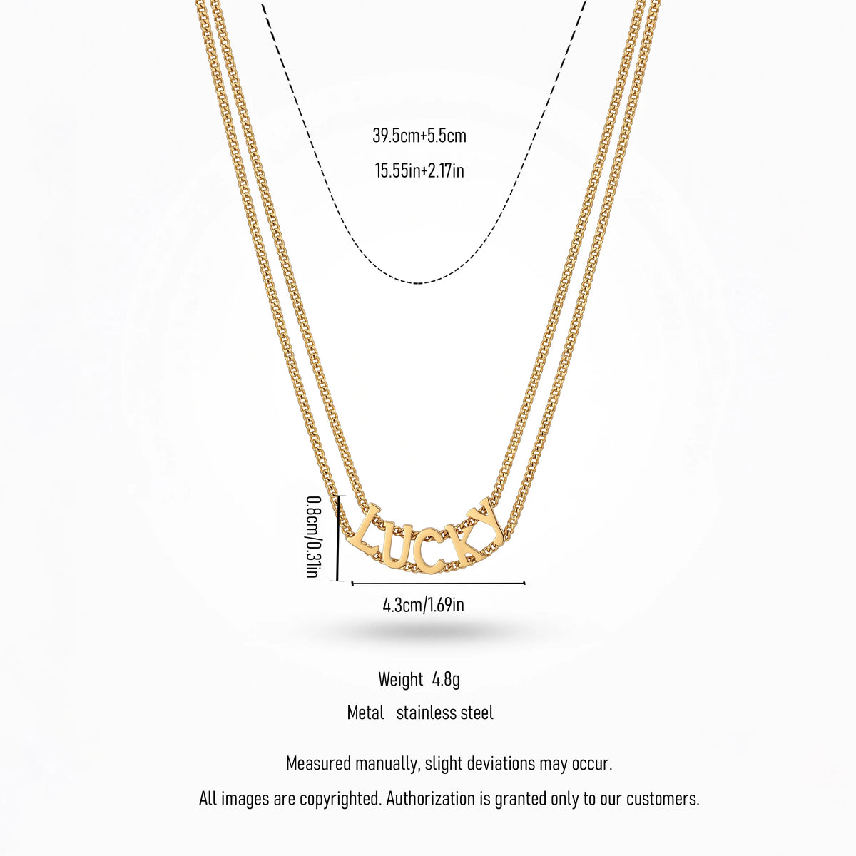 QIAOREN 13808 Double Layer Thin Curb Chain Pendant Necklace with Curved Cutout LUCKY Letter Charm, Polished Gloss Gold