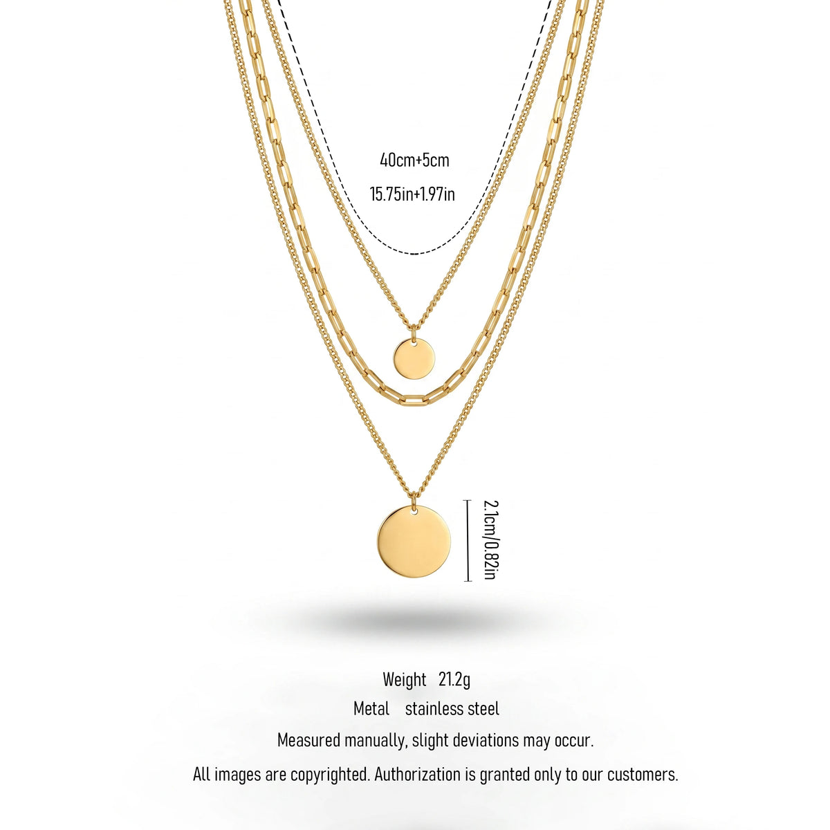 QIAOREN 11359 18K Gold Plated 3 Layered Paperclip Chain Necklace With Dual Disc Pendants Stainless Steel Tarnish Free