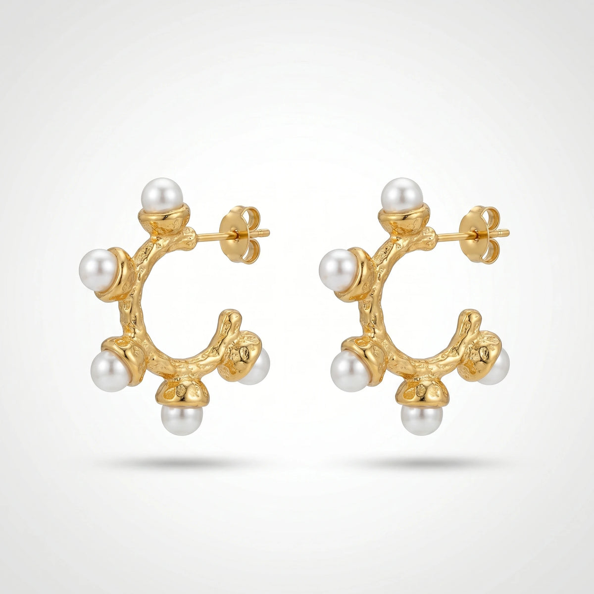 QIAOREN 12512 Tarnish Free Waterproof Molten Pearl C Hoops Gold Stainless Steel Textured Statement Earrings Women US EU