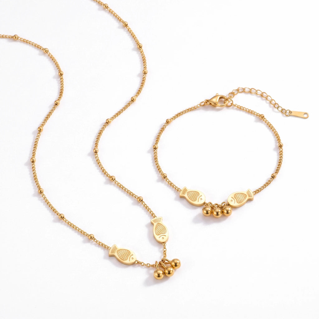QIAOREN 13992 Beaded Cable Chain Pendant Necklace with Two Textured Fish Charms and Dangling Smooth Round Beads