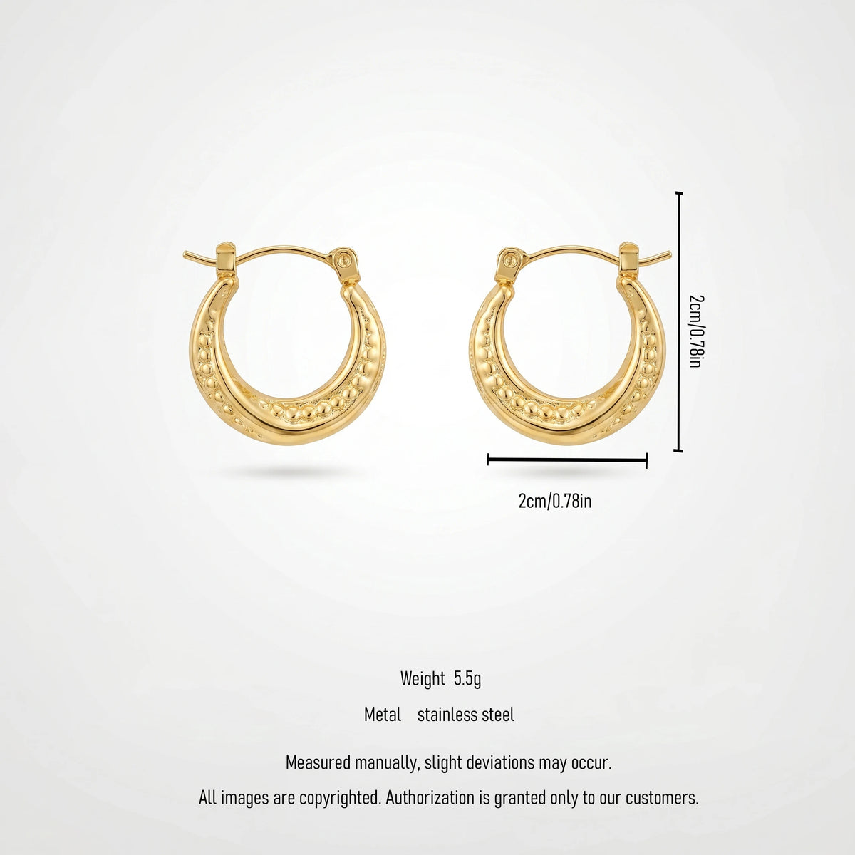QIAOREN 12534 Waterproof 18K Gold Beaded Hoops Stainless Steel Tarnish Free Bold Dot Grain Puffy Huggie Earrings US EU