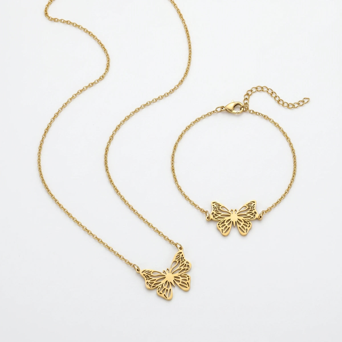 QIAOREN 12234 Trendy 2Pcs Hollow Butterfly Necklace Bracelet Set Gold Stainless Steel Filigree Aesthetic Jewelry for Women US EU