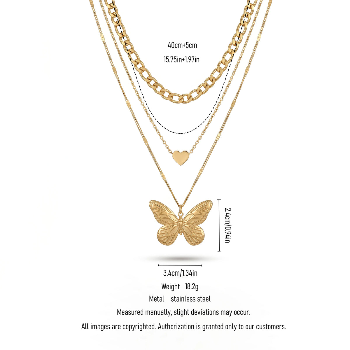 QIAOREN 11325 Dainty Chunky Figaro Chain Layered Necklace With Butterfly & Heart Charms 18K Gold Plated Stainless Steel