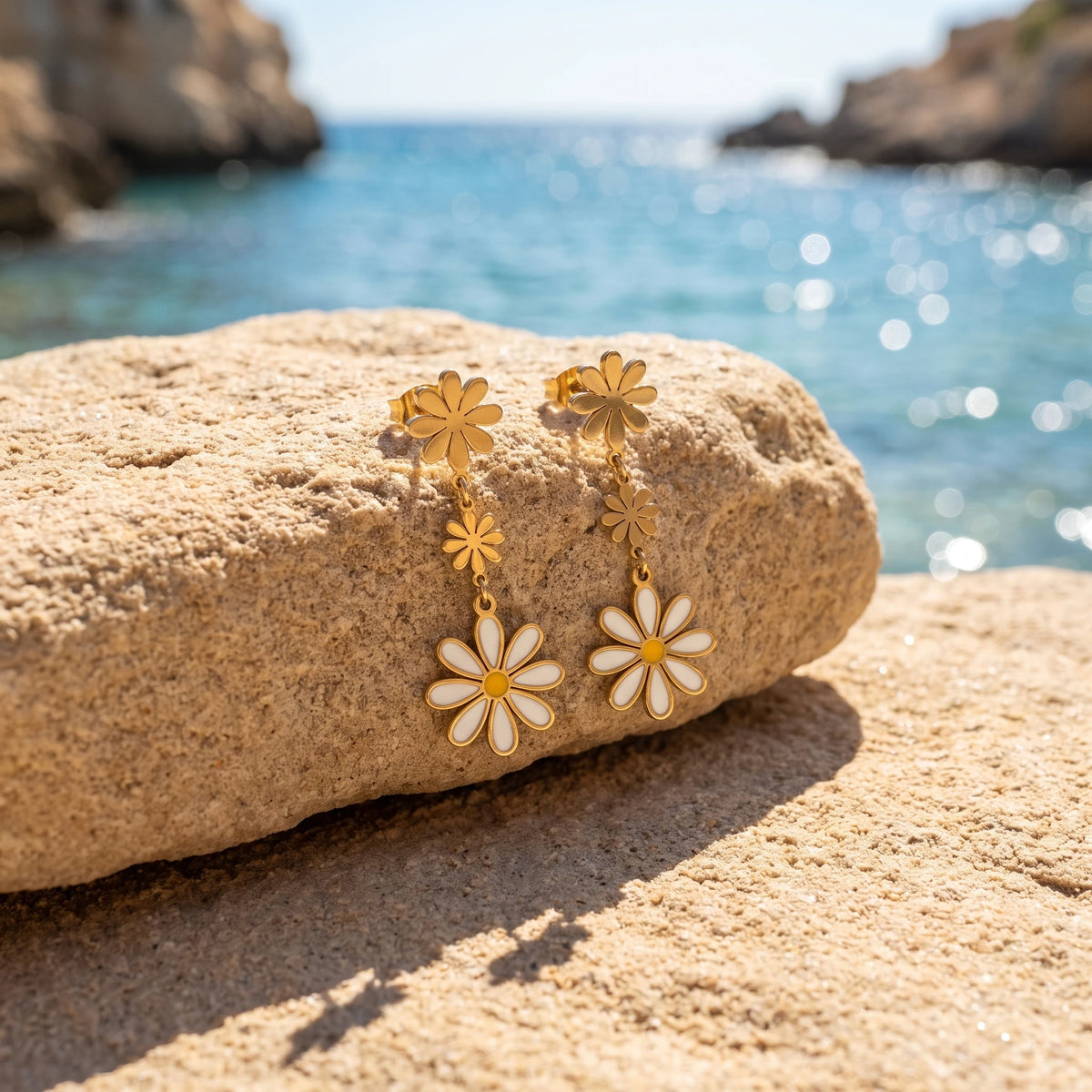 QIAOREN 14547 Triple Daisy Enamel Drop Stud Earrings, Gold Floral Dangle Earrings with White Yellow Enamel Jewelry
