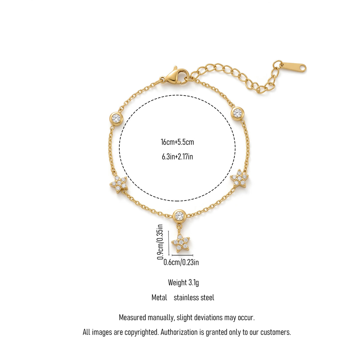 QIAOREN 13363 Gold Plated Stainless Steel CZ Star Station Bracelet Dainty Minimalist Chain Bracelet for Women
