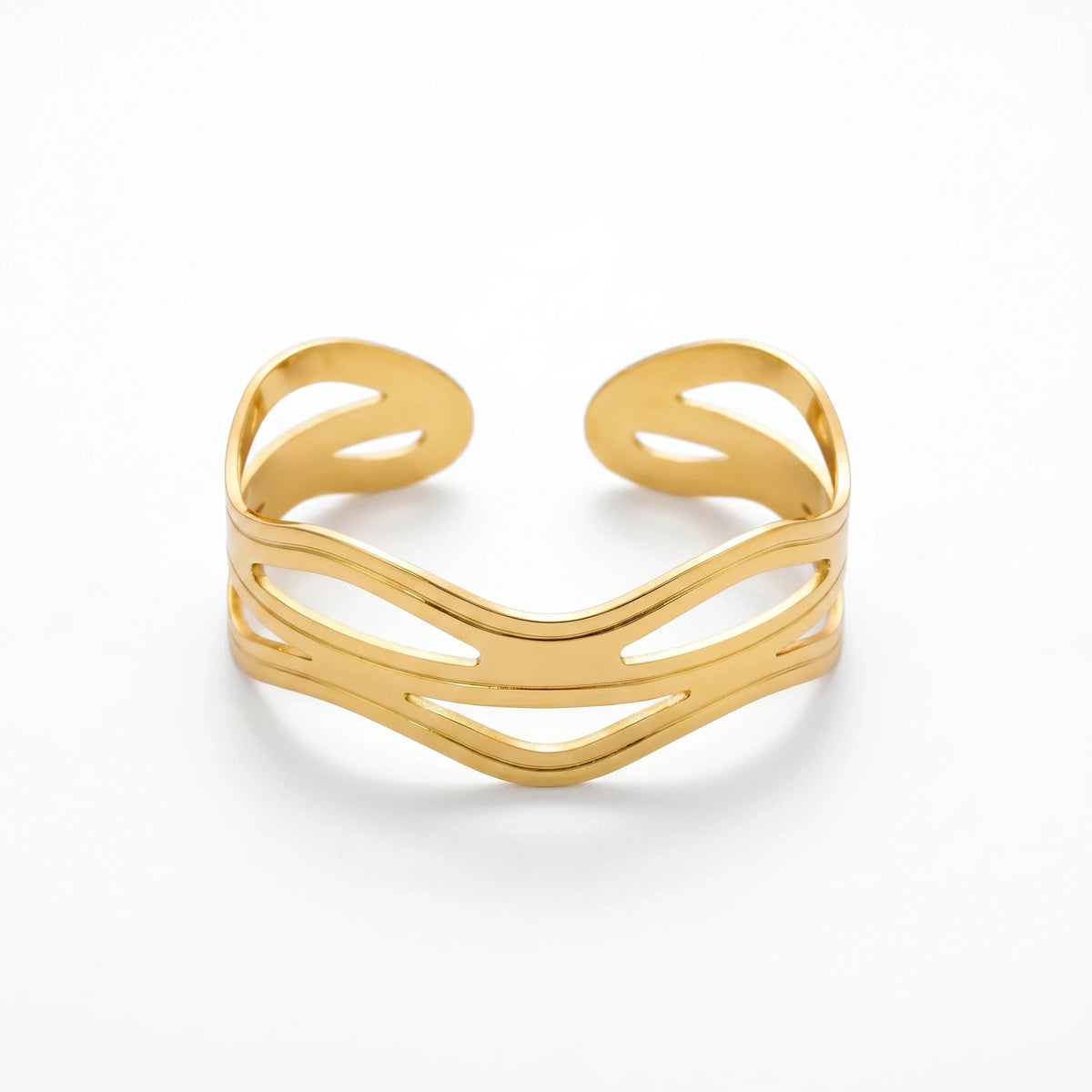 QIAOREN 12665 18K Gold Polished Triple Layer  Bracelet Stainless Steel Abstract Curved Adjustable Stackable Wrist Jewelry Gift
