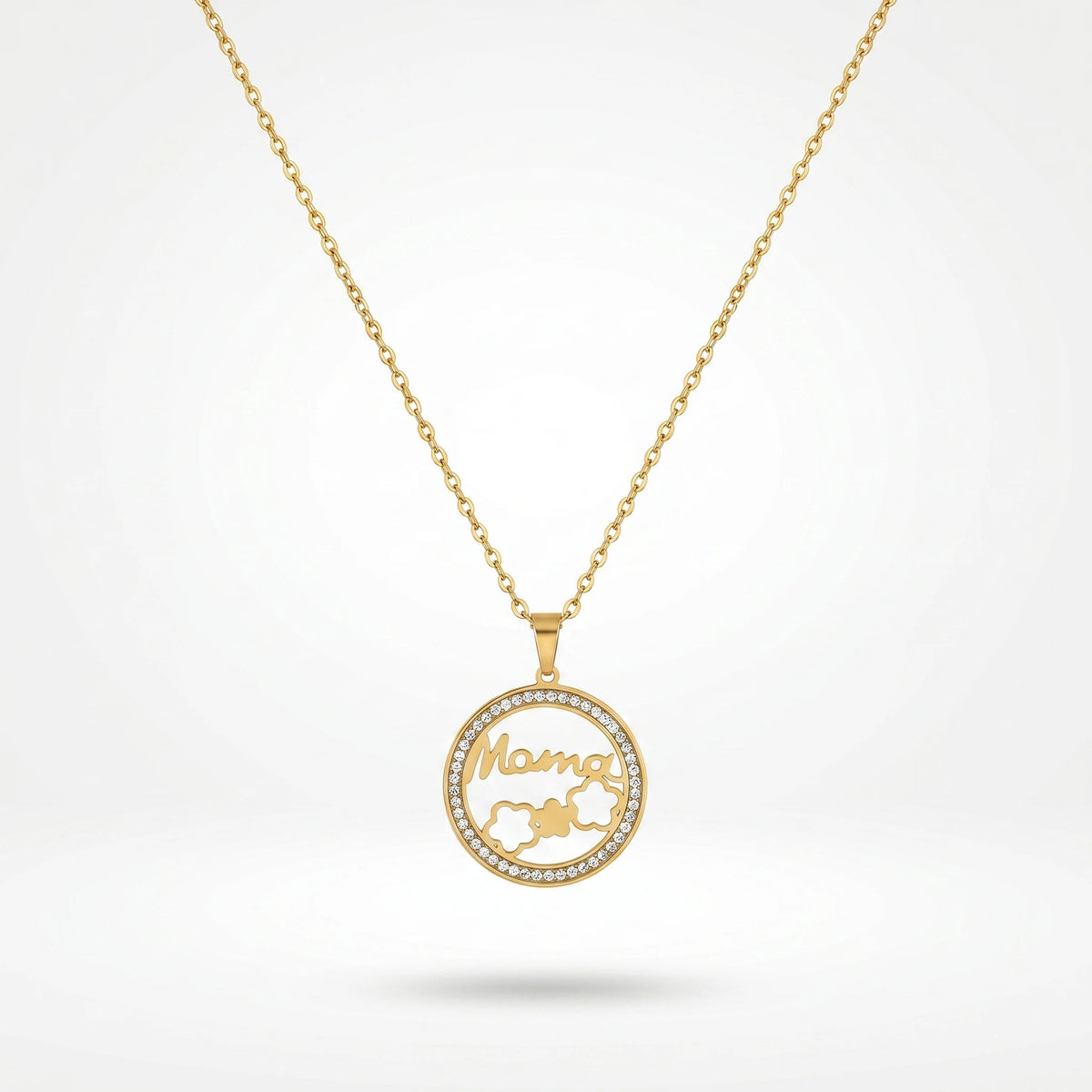 QIAOREN 12235 Trendy CZ Pave Mama Necklace Gold Stainless Steel Circle Mother's Day Gift Flower Pendant Jewelry for Women US EU
