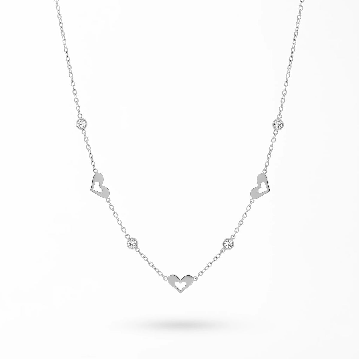 QIAOREN 13165 Gold Plated Open Heart Station Necklace Stainless Steel CZ Chain Necklace Dainty Layering Jewelry for Women