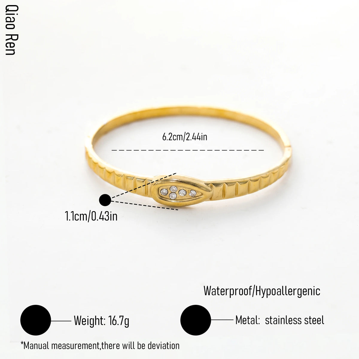 QIAOREN 14114 Stainless Steel Slim Bangle Bracelet Gold CZ Minimalist Waterproof Jewelry OEM ODM