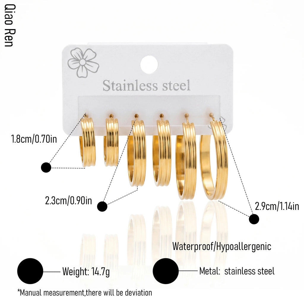 QIAOREN 14593 3 Pairs Vertical Grooved C Shape Hoop Stud Earring Set, Graduated Size Hypoallergenic Daily Wear Jewelry Gift Set