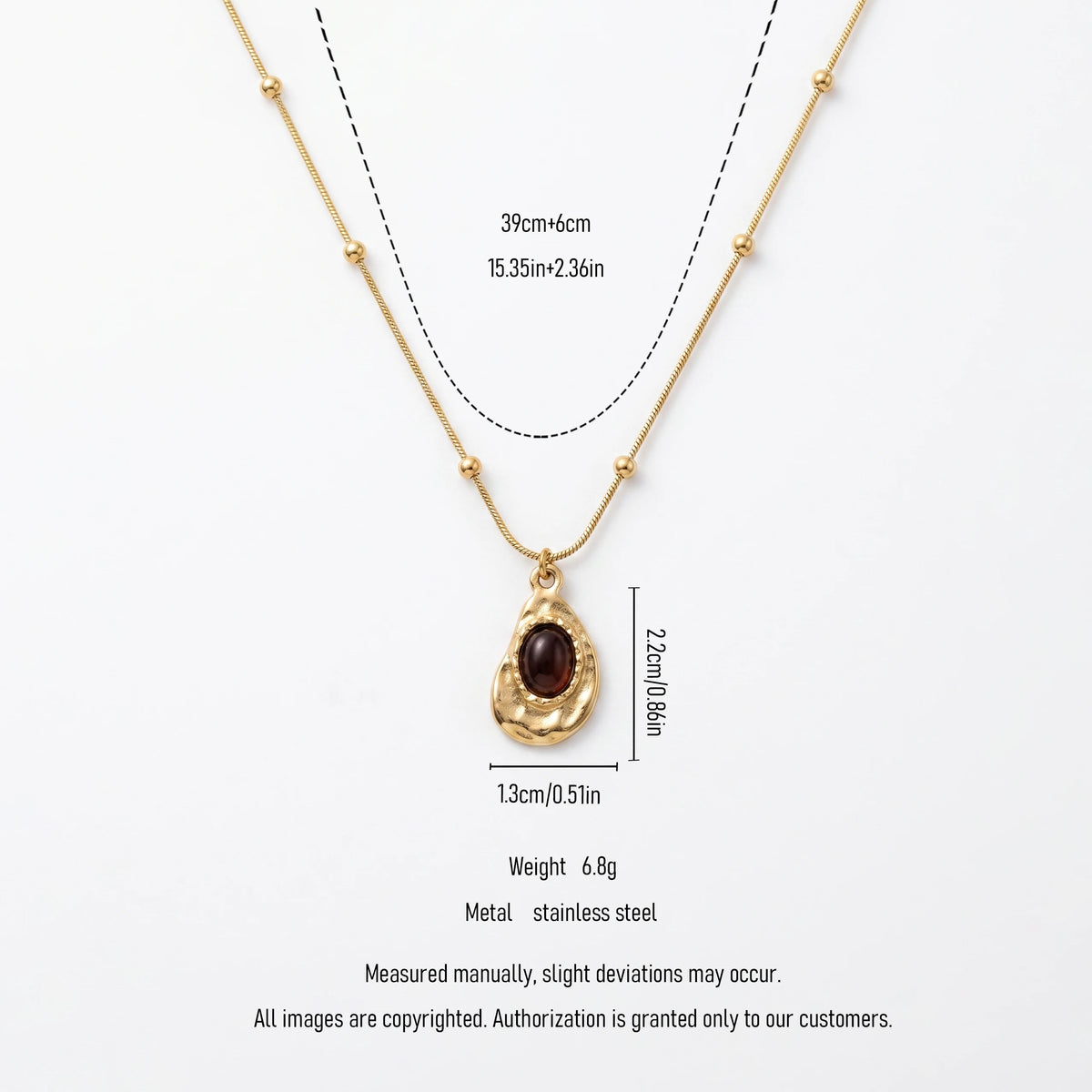 QIAOREN 13551 Stainless Steel Teardrop Pendant Necklace Gold Beaded Chain Black Stone Charm Vintage Jewelry for Women