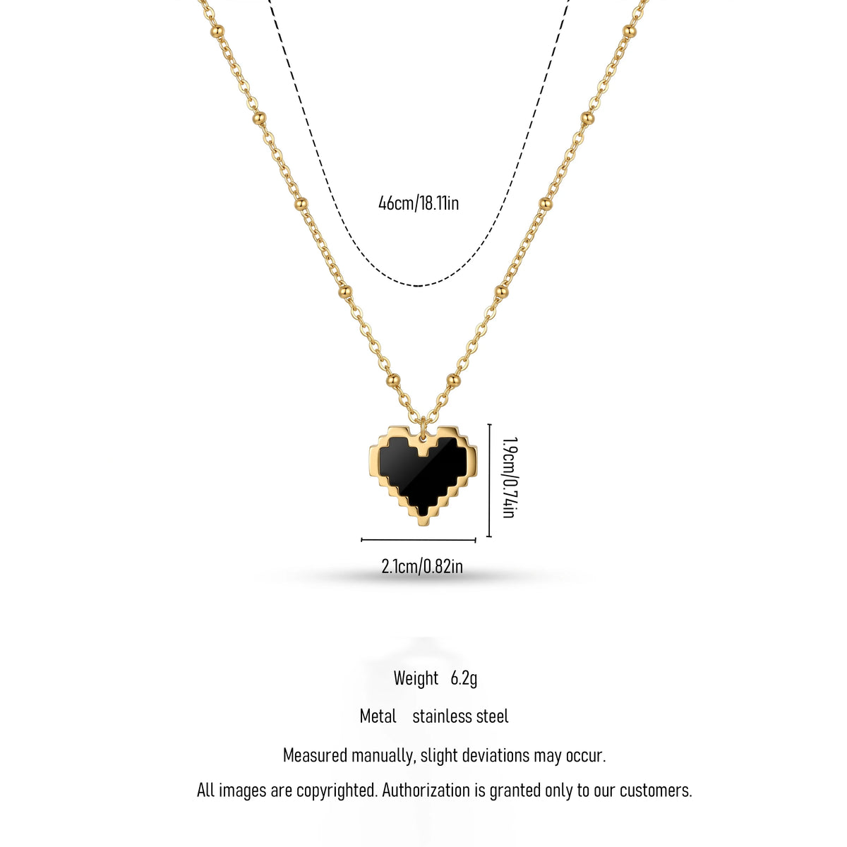 QIAOREN 11986 18K Stainless Steel Pixel Heart Pendant Necklace Black Enamel Inlay Beaded Cable Chain Retro Game Style Jewelry