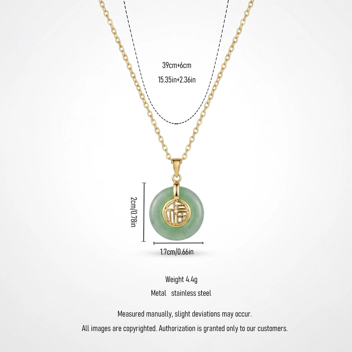 QIAOREN 13758-59  Thin Oval Link Chain Pendant Necklace with Green Jade Peace Donut Charm Inlaid Hollow Chinese Fu
