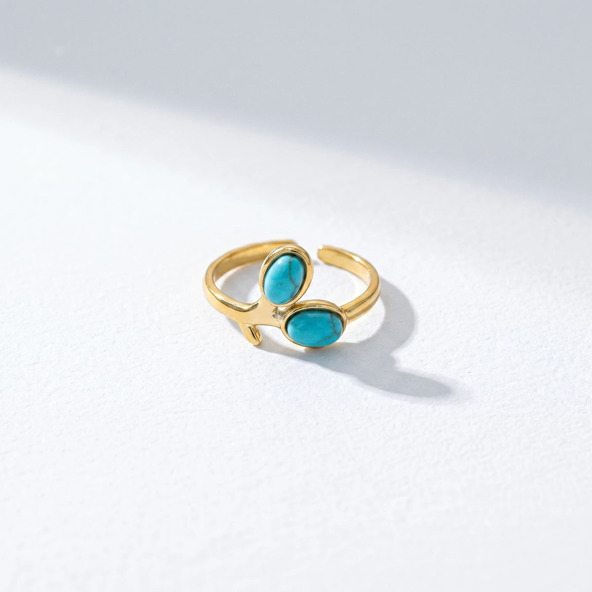QIAOREN  5Pcs Gold Stainless Steel Turquoise Open Ring Set Irregular Hammered Crown Adjustable Boho Stackable Rings