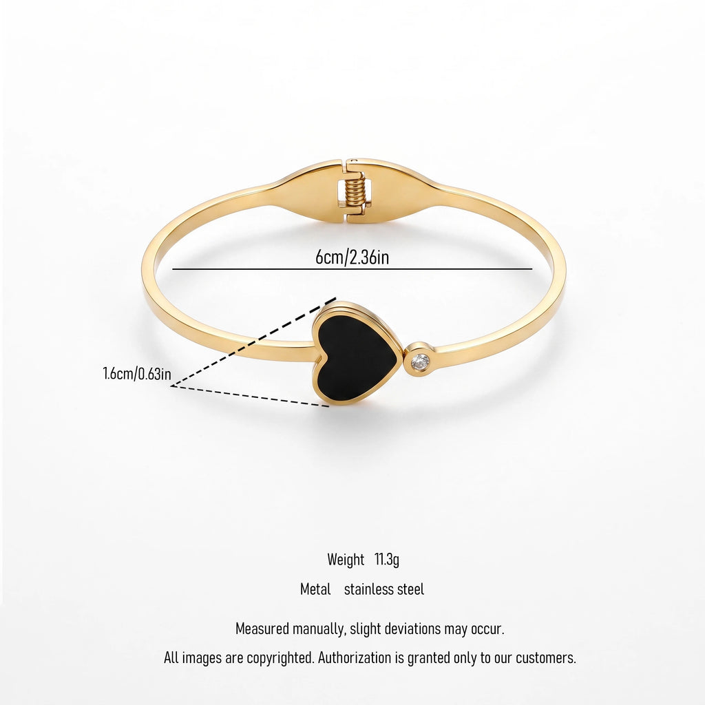 QIAOREN 13655 Opening Thin Bangle with Solid Black Enamel Heart & Tiny Side Zircon Charm Bangle
