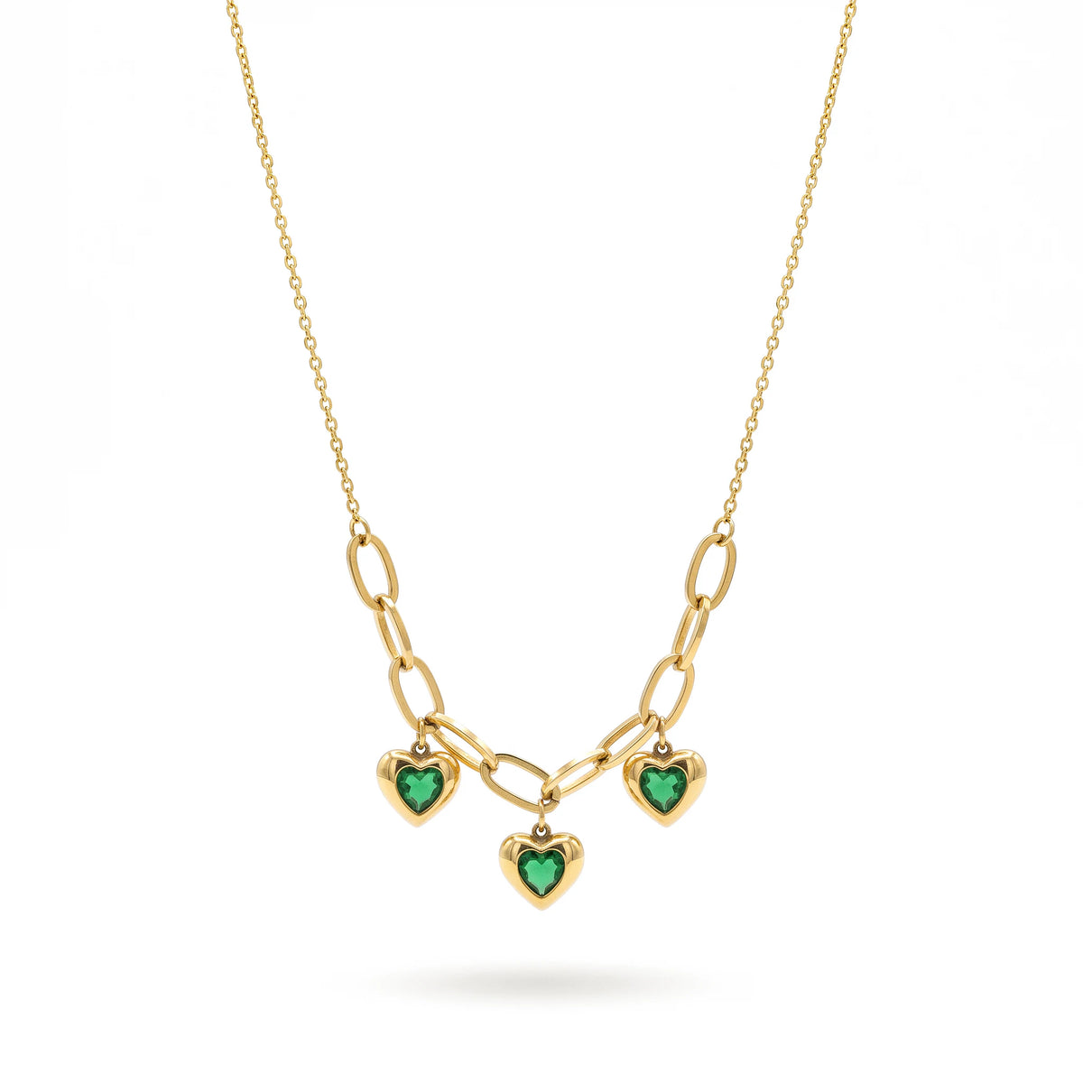 QIAOREN 13950-51 Stainless Steel Green Heart Charm Necklace Gold Paperclip Chain Waterproof Layered Jewelry for Women
