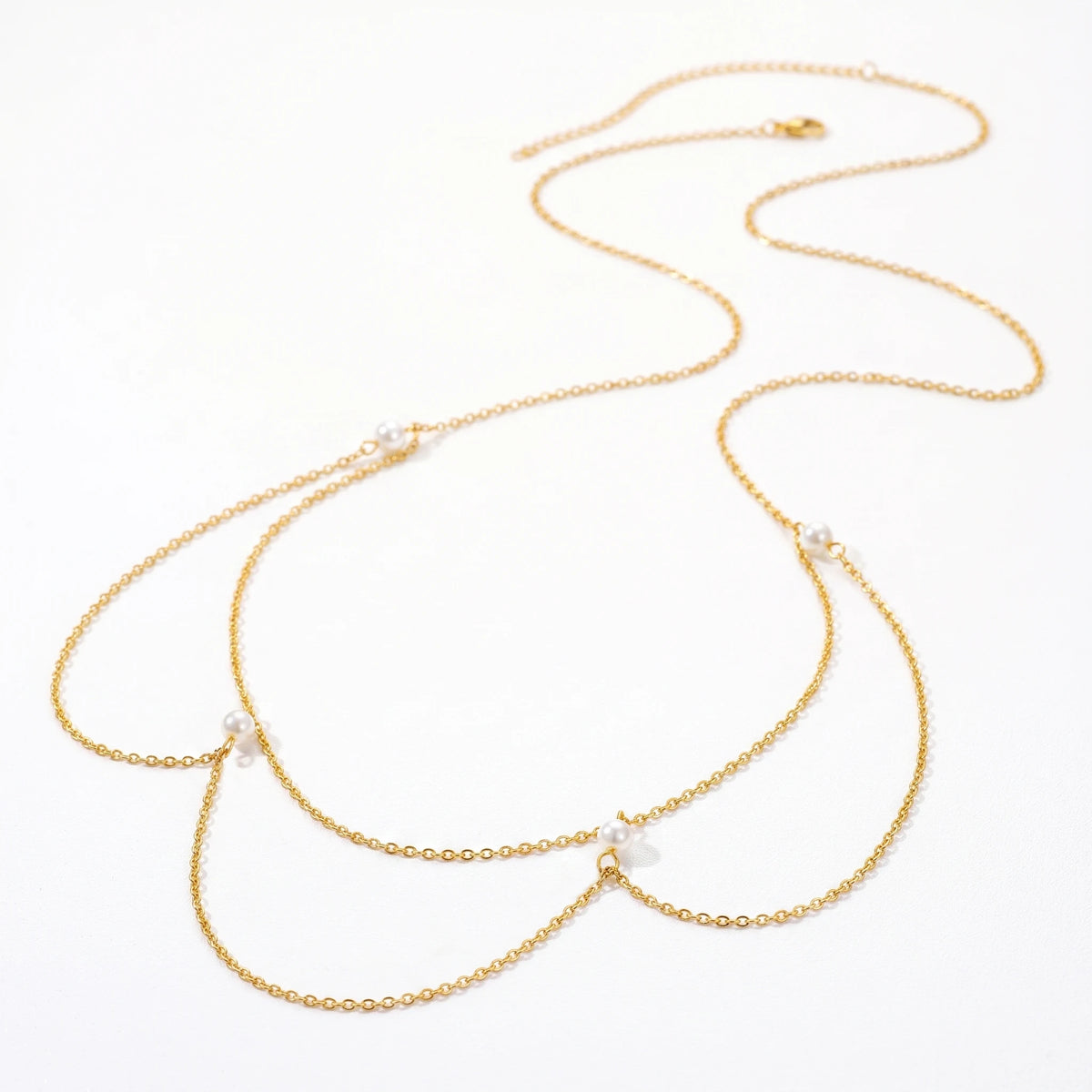 QIAOREN 13044 Dainty Pearl Layered Body Chain Stainless Steel Gold Bikini Waist Chain Summer Beach Belly Swim Jewelry