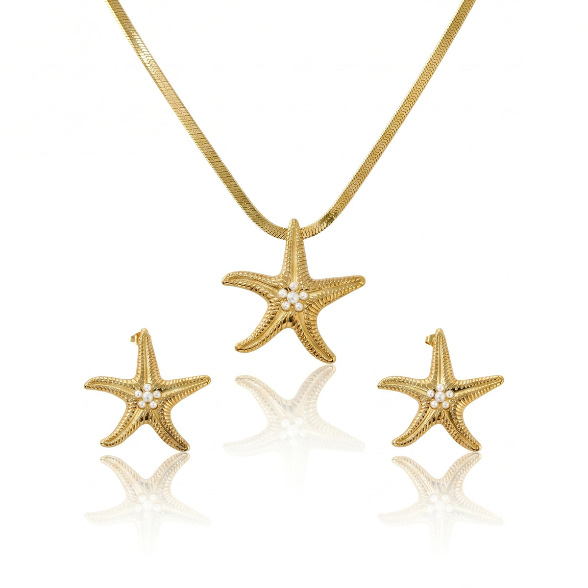 QIAOREN 11630 Boho Beach Starfish Jewelry Set 18K Gold Stainless Steel Pearl Snake Chain Necklace Earrings Vacation