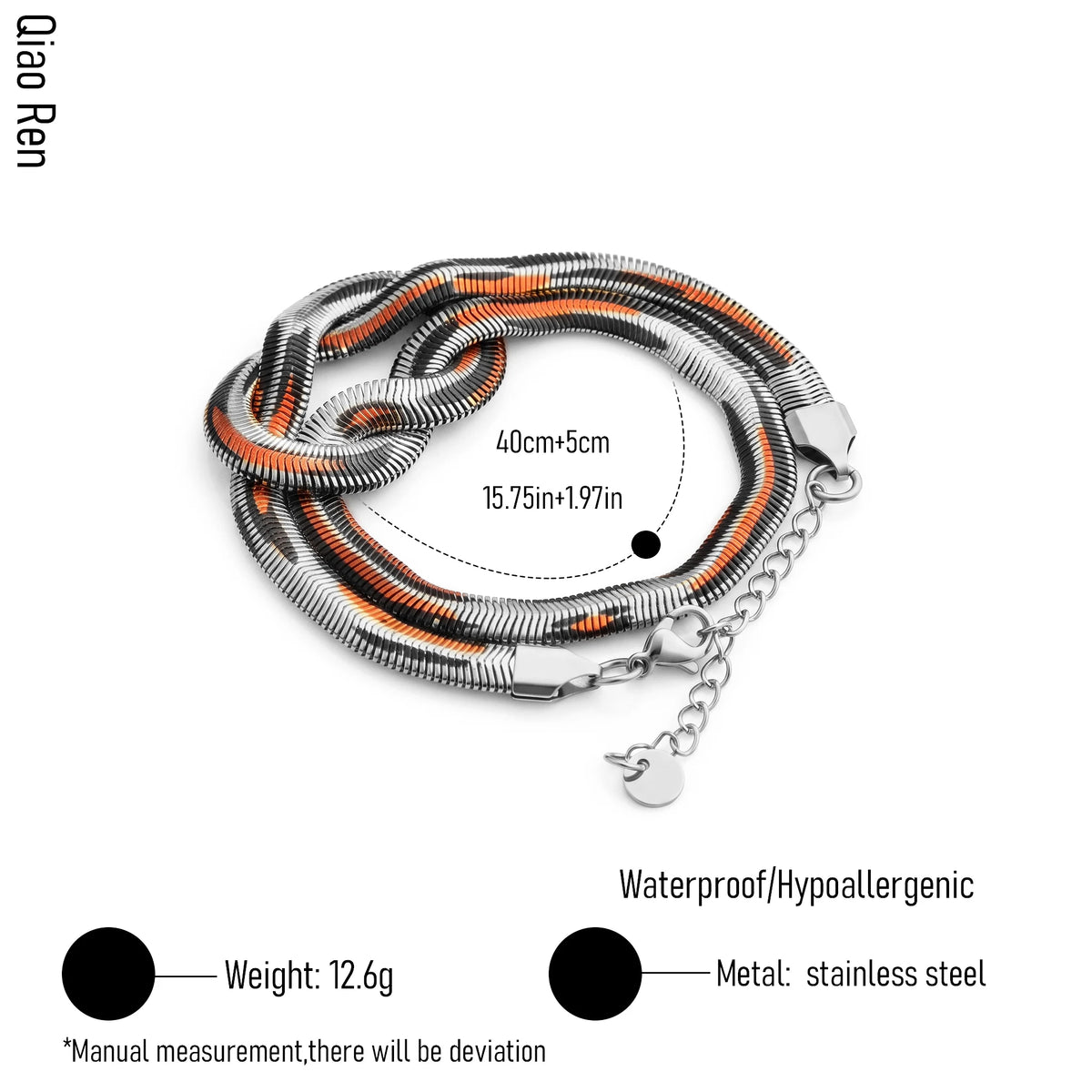 QIAOREN 13849-50 Stainless Steel Two Tone Knot Snake Chain Bracelet Waterproof Hypoallergenic Statement Jewelry Women