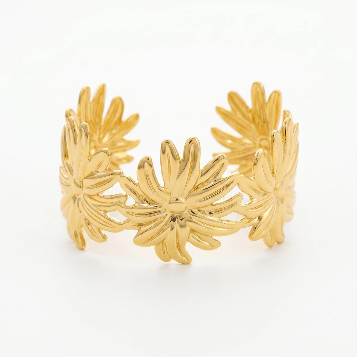 QIAOREN 12715  18K Gold Polished Linked 3D  Open Cuff Bracelet Stainless Steel  Petal Adjustable Stackable Floral Wrist Jewelry